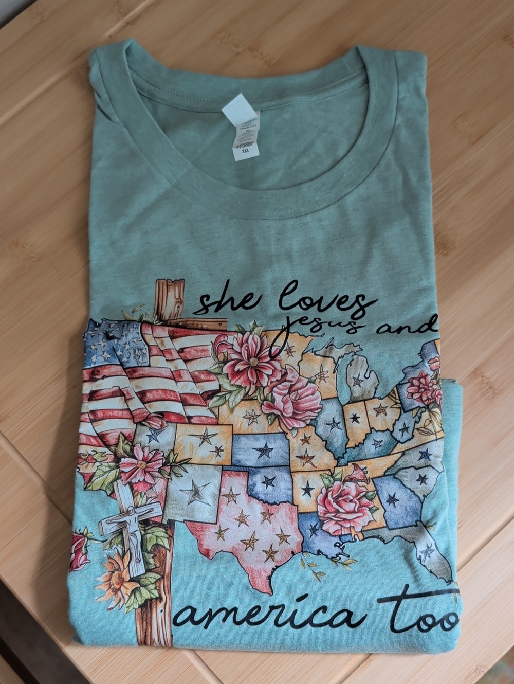 Bella Canvas Light Teal Graphic Tee with Multicolor Patriotic Print